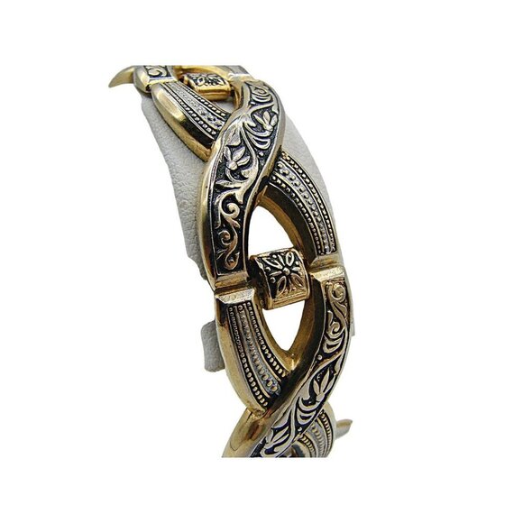 Gold Black X-Link Chain Bracelet Scroll Ornate Design Snap Clasp Size 8" Fashion - Picture 4 of 12